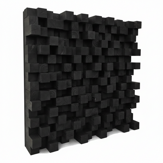 Black wooden acoustic wall panel with a 3D block pattern, shown on a solid white background.