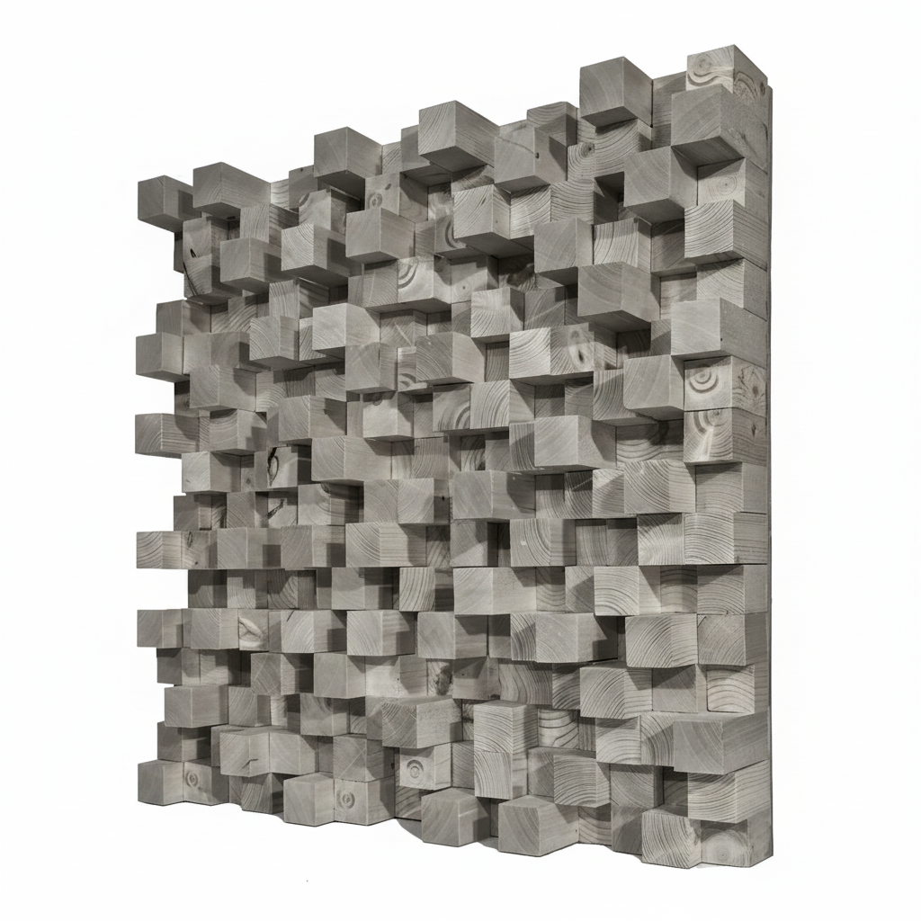 A 3D geometric skyline diffuser made of interlocking wooden blocks with visible wood grain, shown against a plain white background.